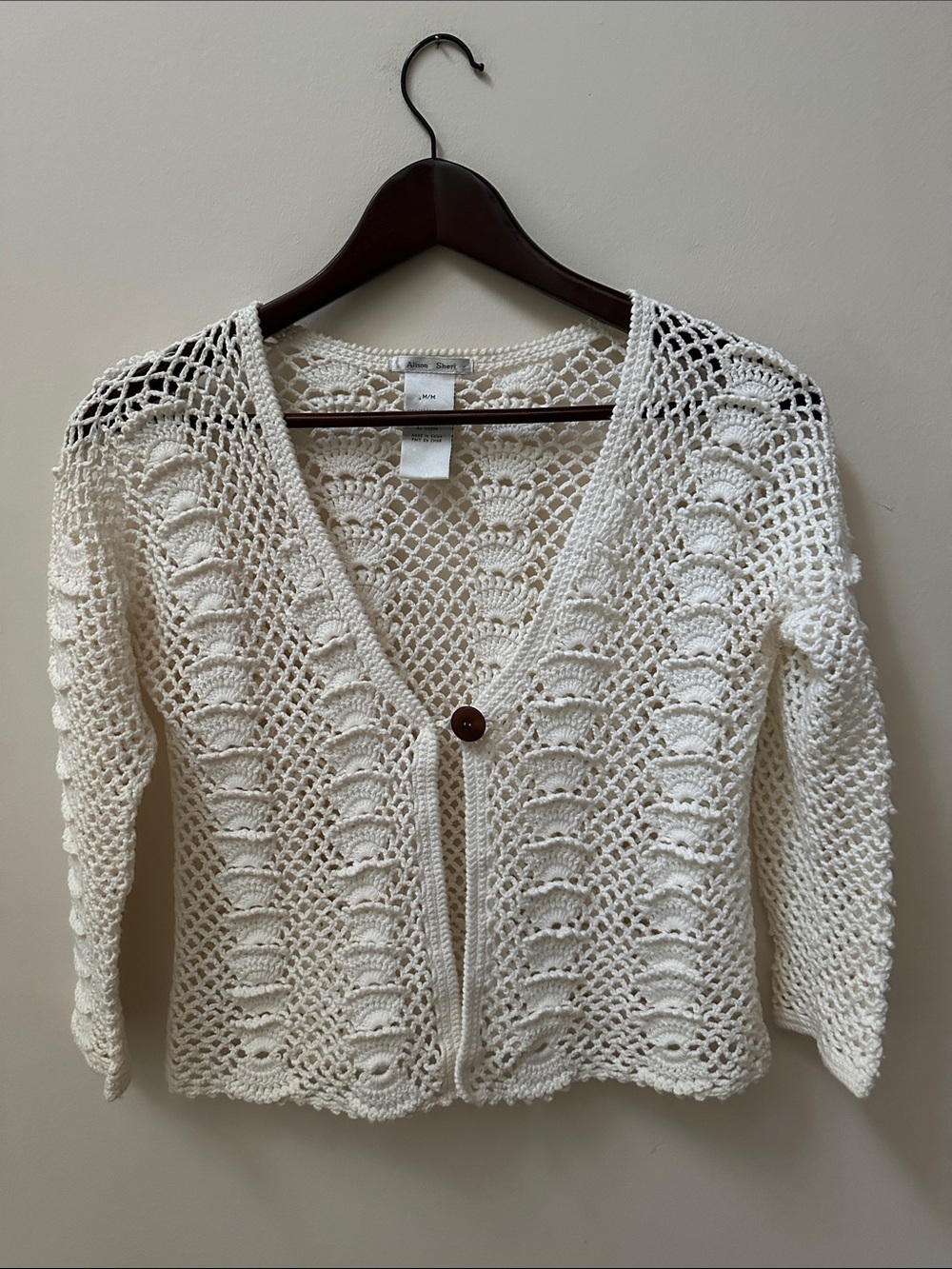 Crochet Openwork V-Neck Button Cardigan Sweater - Cream